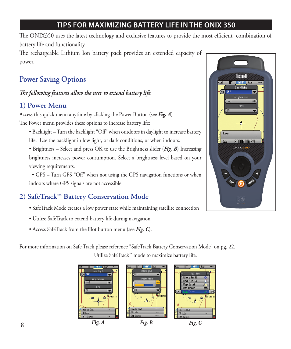 Power saving options | Bushnell ONIX 363500 User Manual | Page 8 / 28
