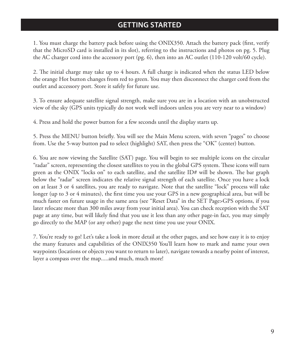 Getting started | Bushnell ONIX 363500 User Manual | Page 9 / 28
