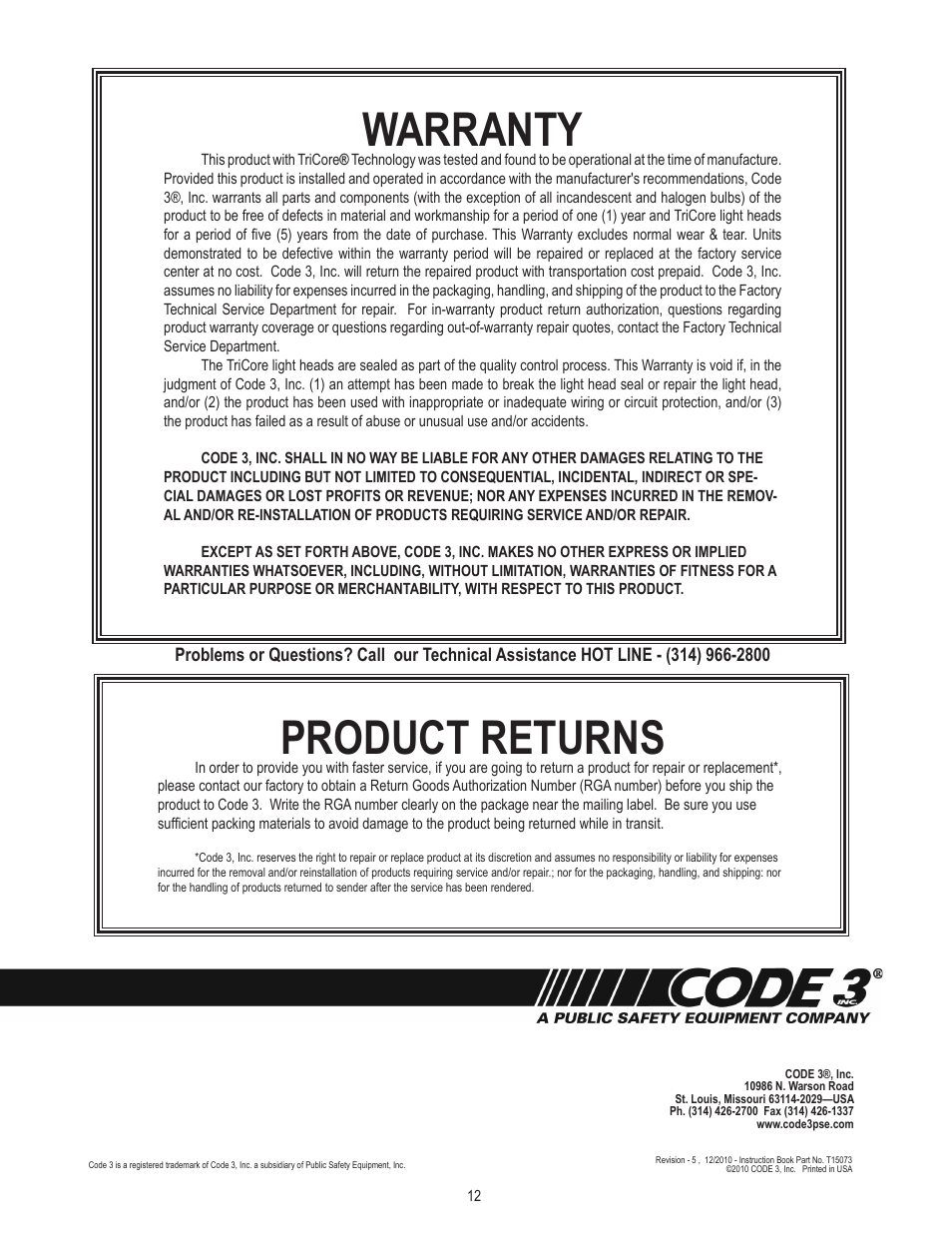 Product returns, Warranty | Code 3 WingMan with TriCore for Crown Victoria User Manual | Page 12 / 12