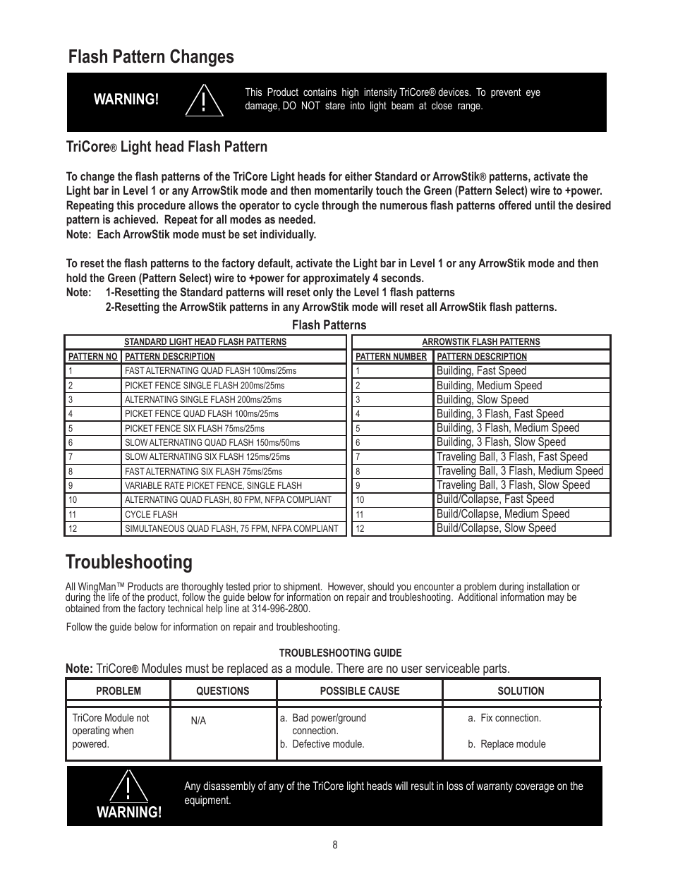 Troubleshooting, Flash pattern changes, Warning | Tricore, Light head flash pattern | Code 3 WingMan with TriCore for Crown Victoria User Manual | Page 8 / 12