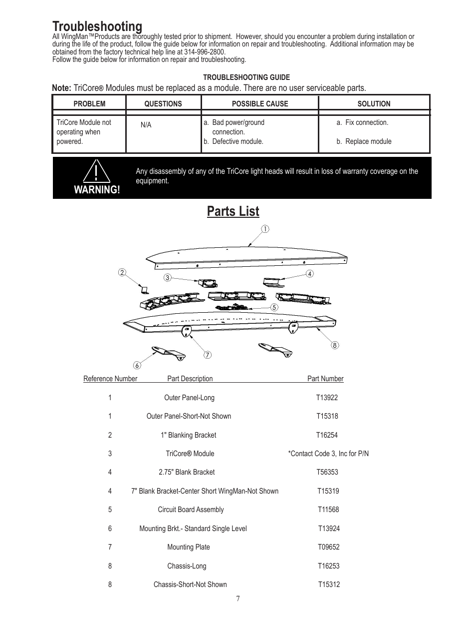 Parts list, Troubleshooting, Warning | Code 3 WingMan with TriCore for Dodge Charger User Manual | Page 7 / 8