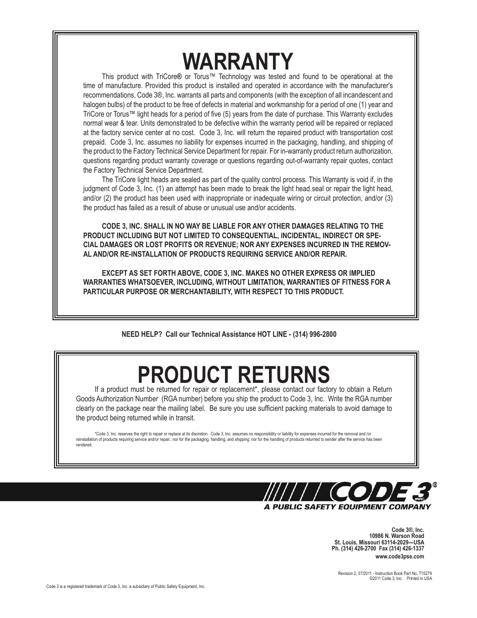 Product returns, Warranty | Code 3 WingMan with TriCore or Torus for 2011 Caprice User Manual | Page 8 / 8