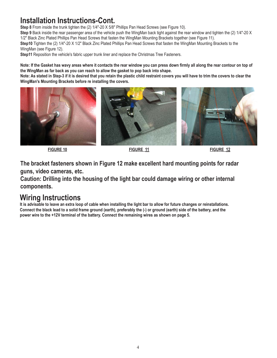 Wiring instructions, Installation instructions-cont | Code 3 WingMan with TriCore or Torus for 2011 Dodge Charger User Manual | Page 4 / 8