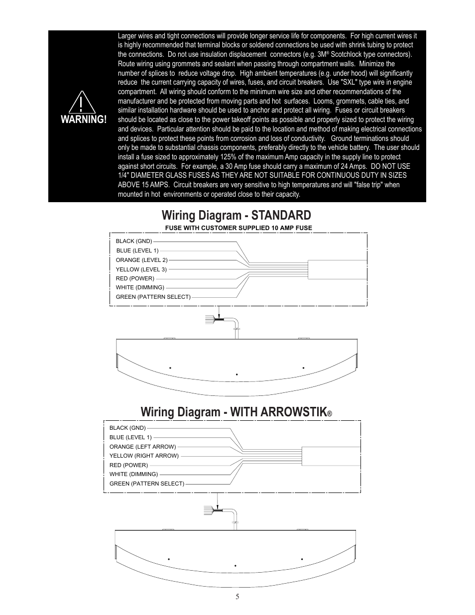 Wiring diagram - standard, Wiring diagram - with arrowstik, Warning | Code 3 WingMan with TriCore or Torus for 2011 Dodge Charger User Manual | Page 5 / 8