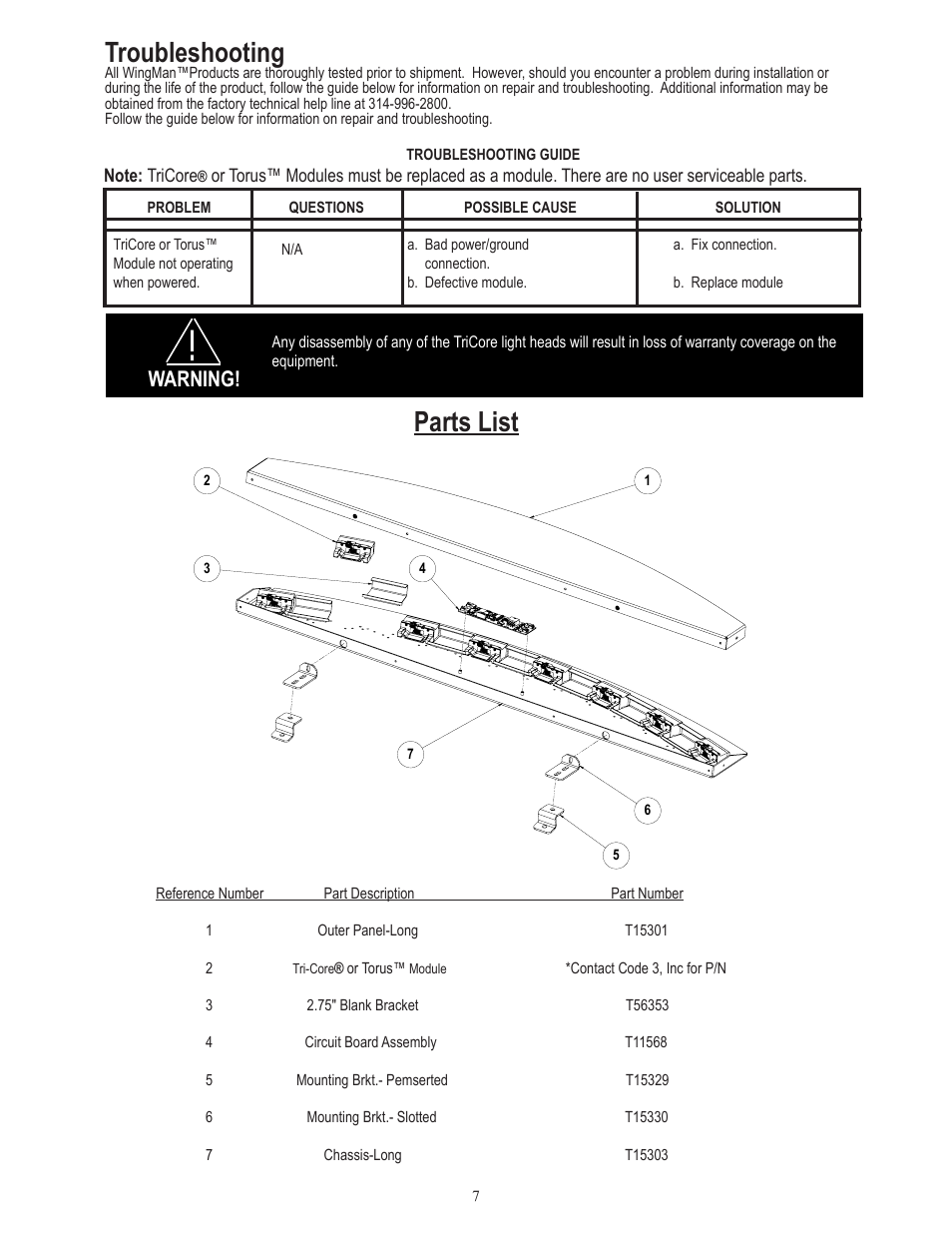 Parts list, Troubleshooting, Warning | Code 3 WingMan with TriCore or Torus for 2011 Dodge Charger User Manual | Page 7 / 8