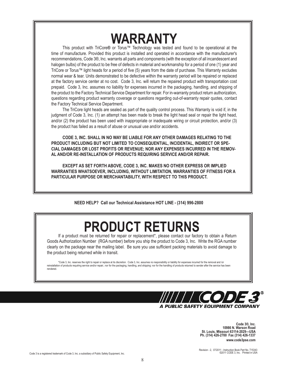 Product returns, Warranty | Code 3 WingMan with TriCore or Torus for 2011 Dodge Charger User Manual | Page 8 / 8