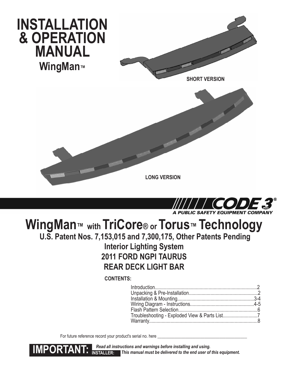 Code 3 Wingman with TriCore/Torus for 2011 Ford PI User Manual | 8 pages