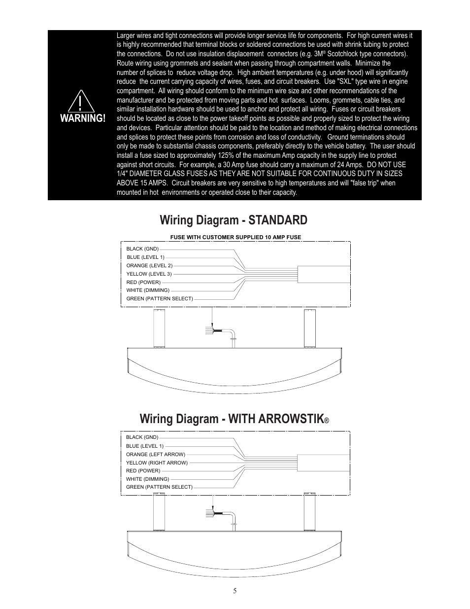 Wiring diagram - standard, Wiring diagram - with arrowstik, Warning | Code 3 Wingman with TriCore/Torus for 2011 Ford PI User Manual | Page 5 / 8