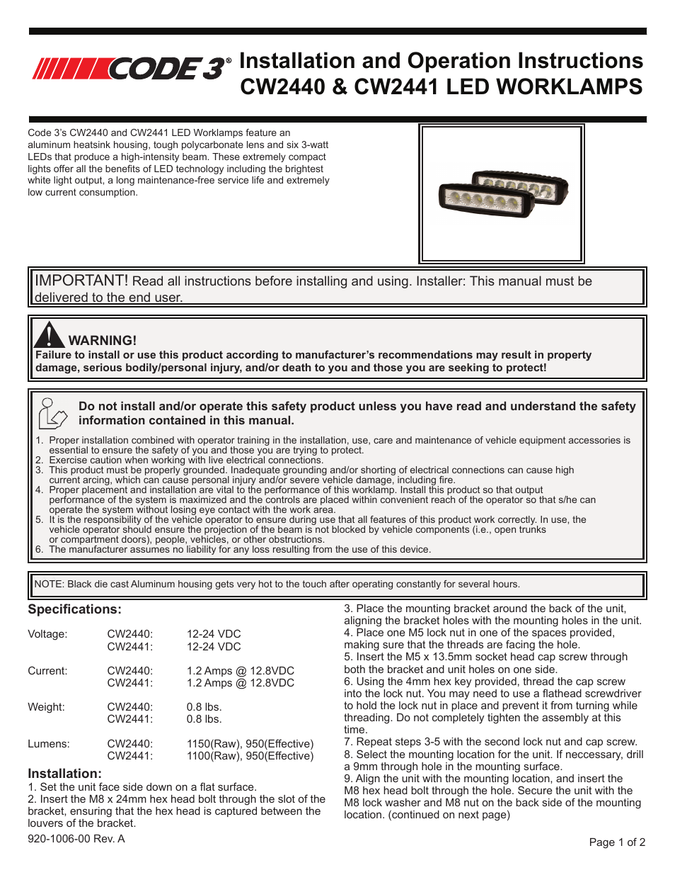 Code 3 Work Light - 6 LED User Manual | 2 pages