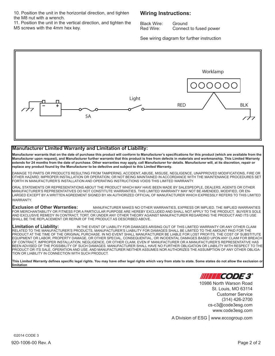 Wiring instructions | Code 3 Work Light - 6 LED User Manual | Page 2 / 2