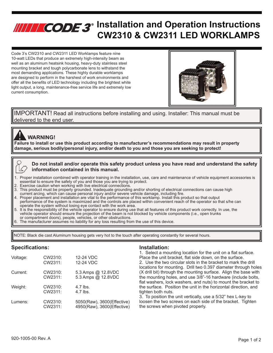 Code 3 Work Light - 9 LED User Manual | 2 pages