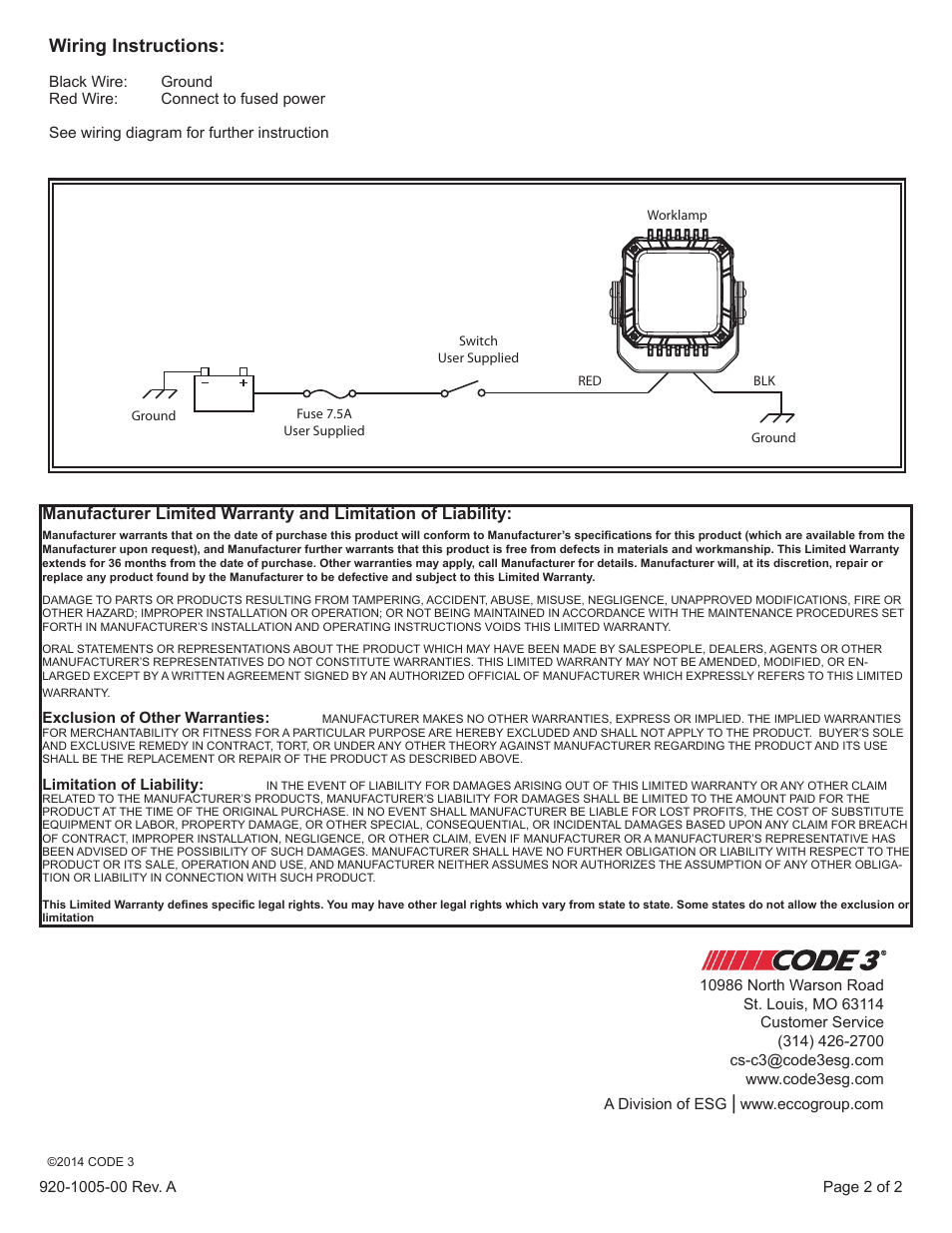 Wiring instructions | Code 3 Work Light - 9 LED User Manual | Page 2 / 2