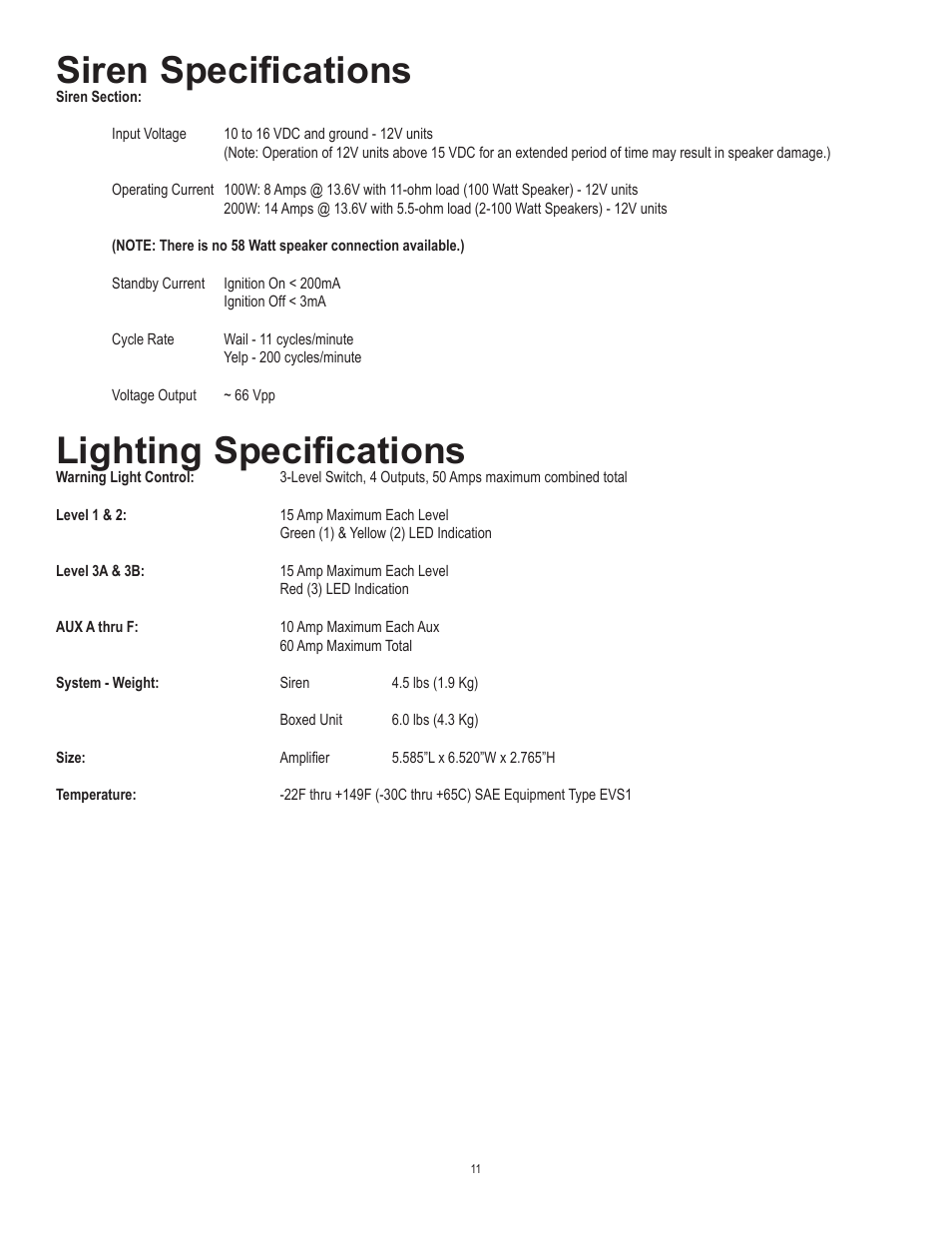 Siren specifications, Lighting specifications | Code 3 XCEL User Manual | Page 11 / 12