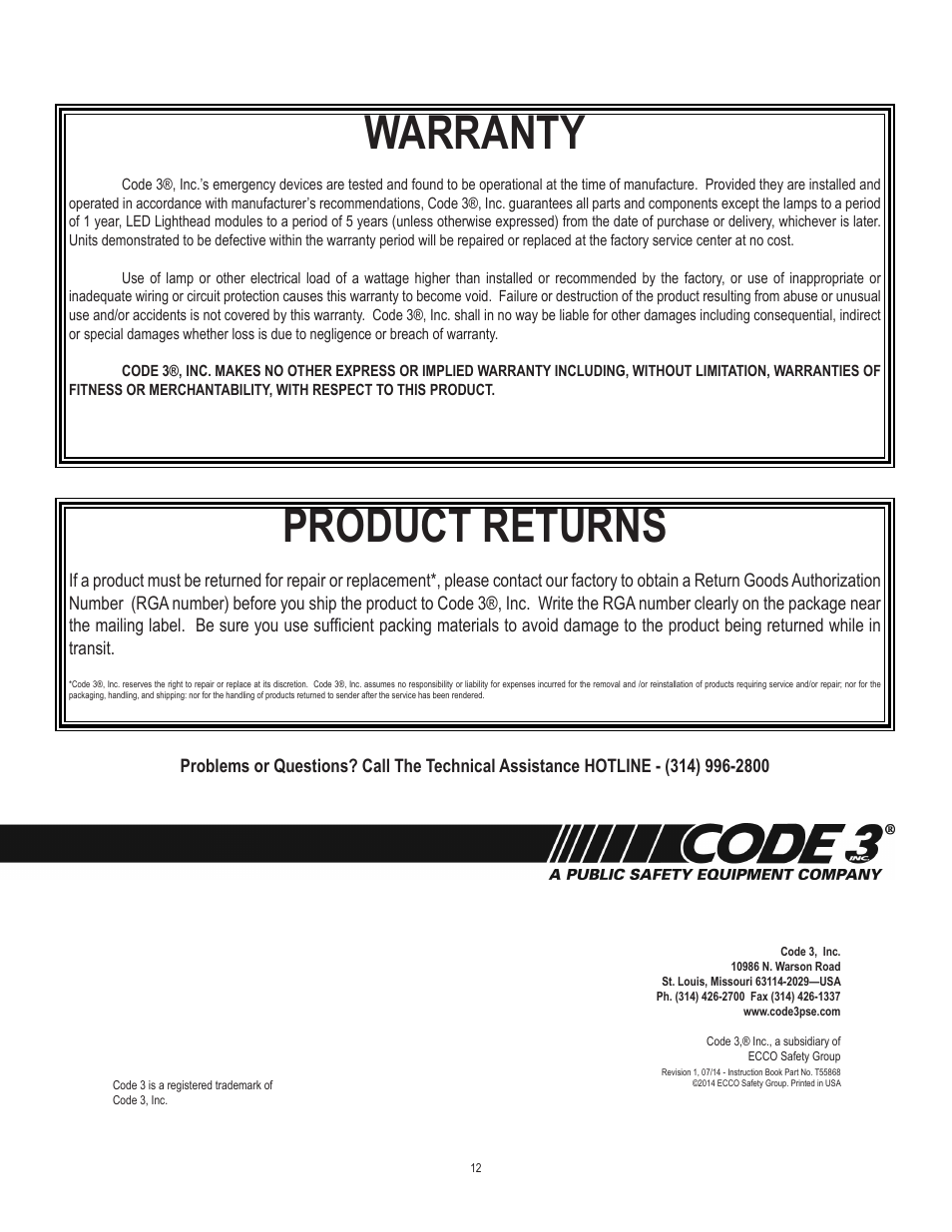 Warranty, Product returns | Code 3 XCEL User Manual | Page 12 / 12