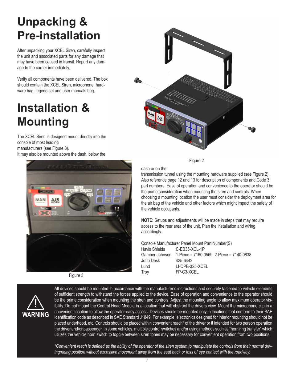 Unpacking & pre-installation, Installation & mounting, Warning | Code 3 XCEL User Manual | Page 7 / 12
