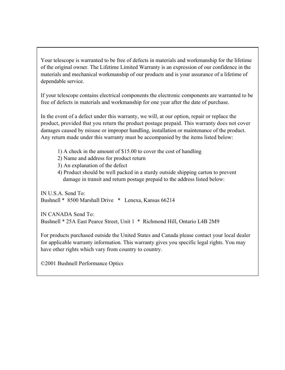 Telescope lifetime limited warranty | Bushnell DEEP SPACE SERIES 78-9519 User Manual | Page 5 / 5