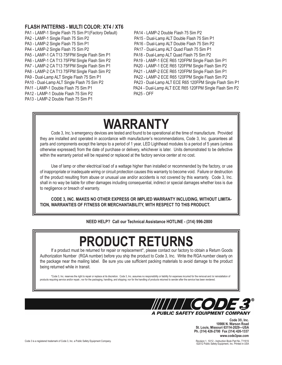 Warranty, Product returns | Code 3 XT3 User Manual | Page 2 / 2