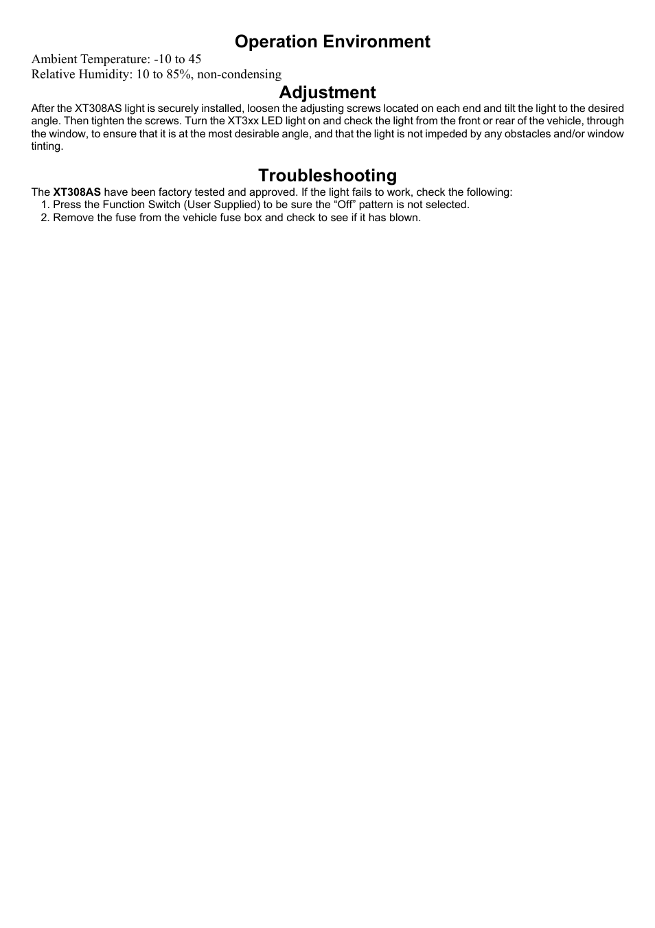 Operation environment, Adjustment, Troubleshooting | Code 3 XT308 User Manual | Page 6 / 7