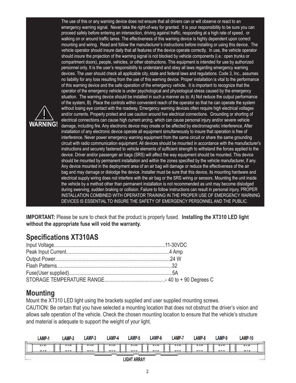 Specifications xt310as, Mounting, Warning | Code 3 XT310 User Manual | Page 2 / 8