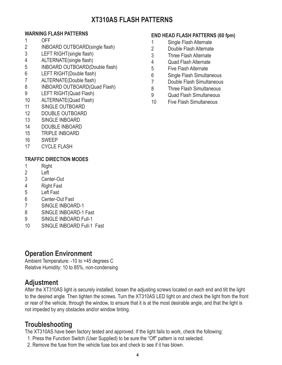 Operation environment, Adjustment, Troubleshooting | Xt310as flash patterns | Code 3 XT310 User Manual | Page 4 / 8