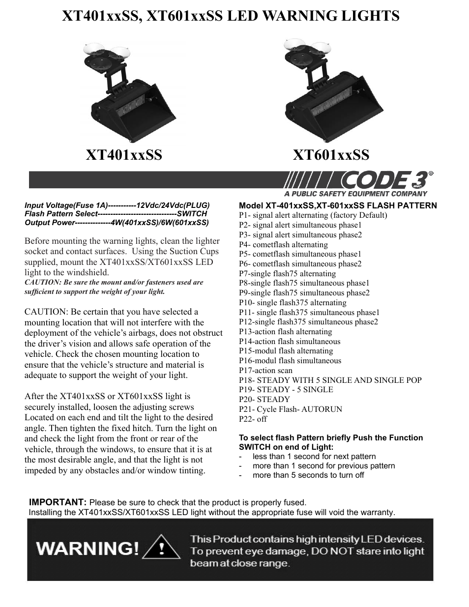 Code 3 XT401 and XT601 Series User Manual | 2 pages