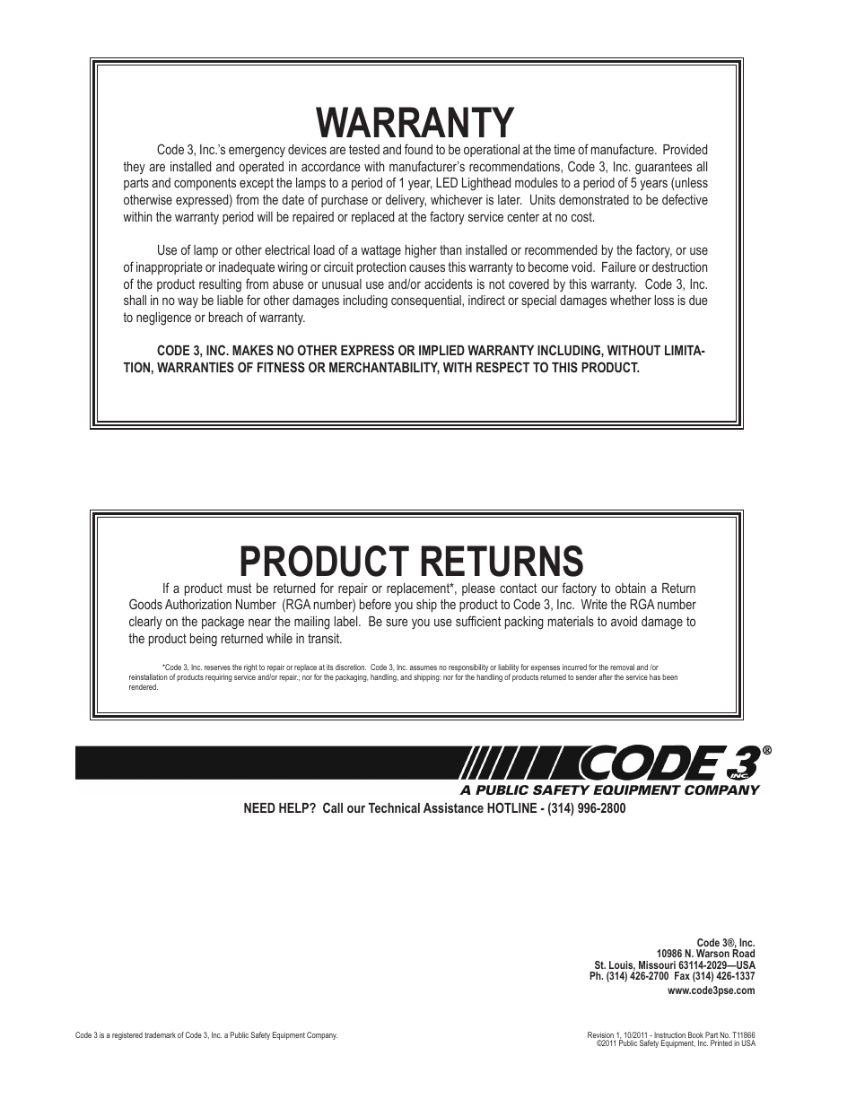 Warranty, Product returns | Code 3 XT4DS User Manual | Page 2 / 2