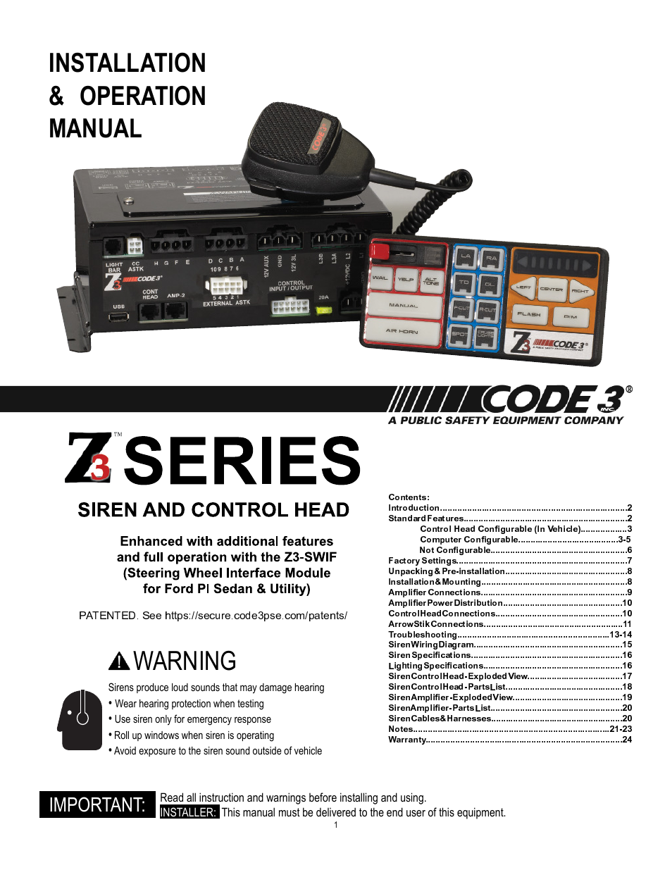 Code 3 Z3 Siren Installation & Operation Manual User Manual | 24 pages