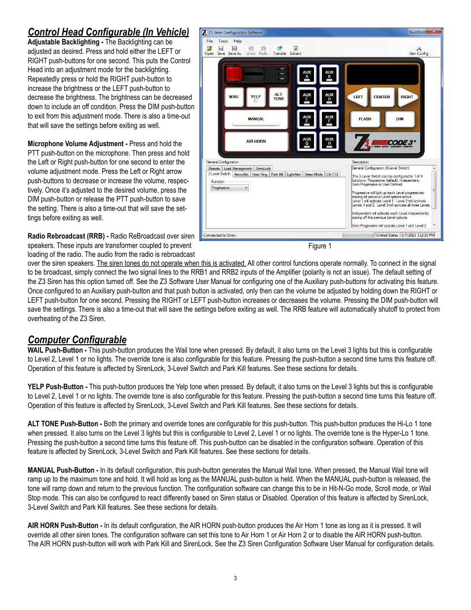 Control head confi gurable (in vehicle), Computer confi gurable | Code 3 Z3 Siren Installation & Operation Manual User Manual | Page 3 / 24