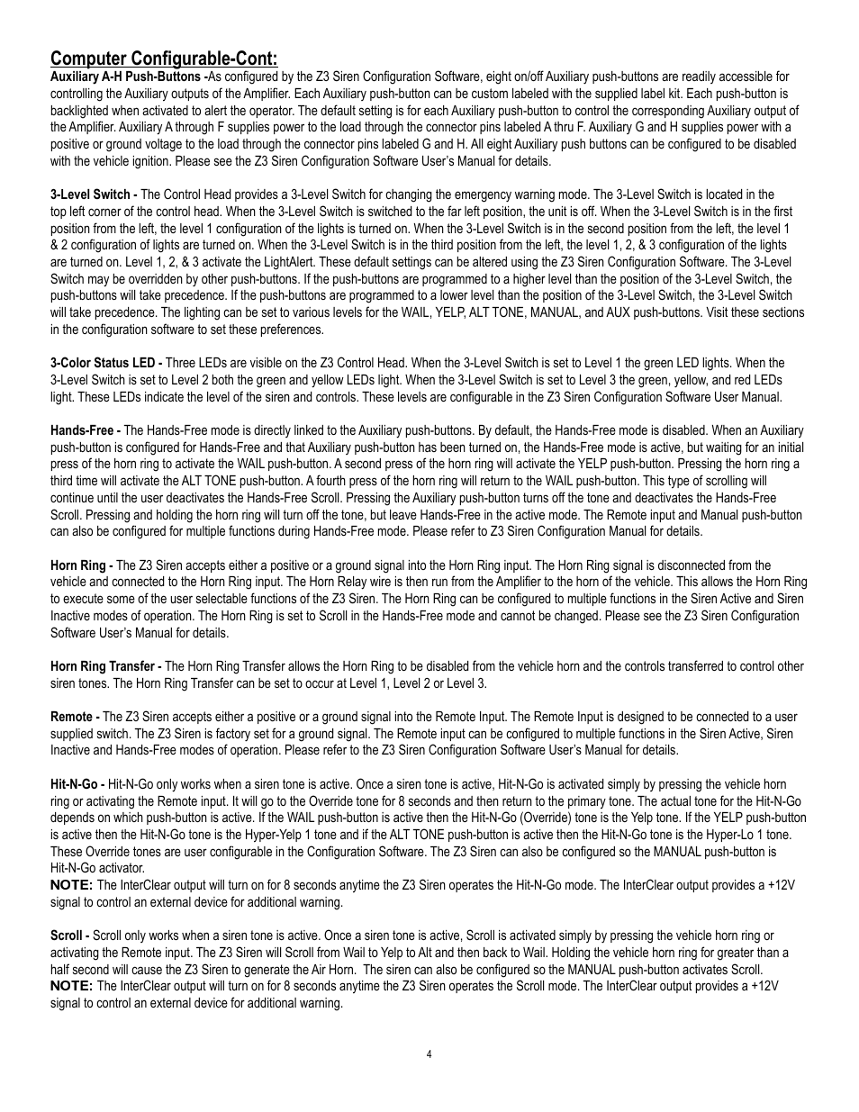 Computer confi gurable-cont | Code 3 Z3 Siren Installation & Operation Manual User Manual | Page 4 / 24