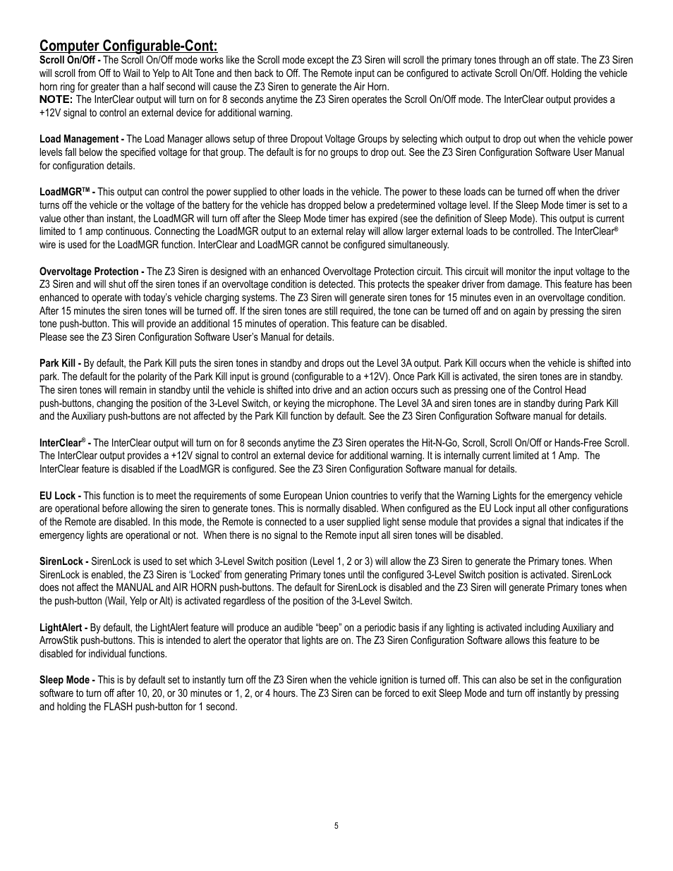 Computer confi gurable-cont | Code 3 Z3 Siren Installation & Operation Manual User Manual | Page 5 / 24