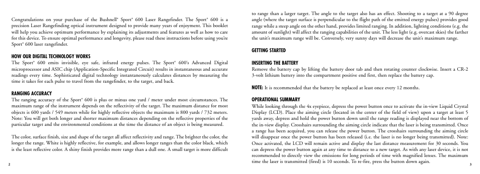 Bushnell Sport 202201 User Manual | Page 3 / 27