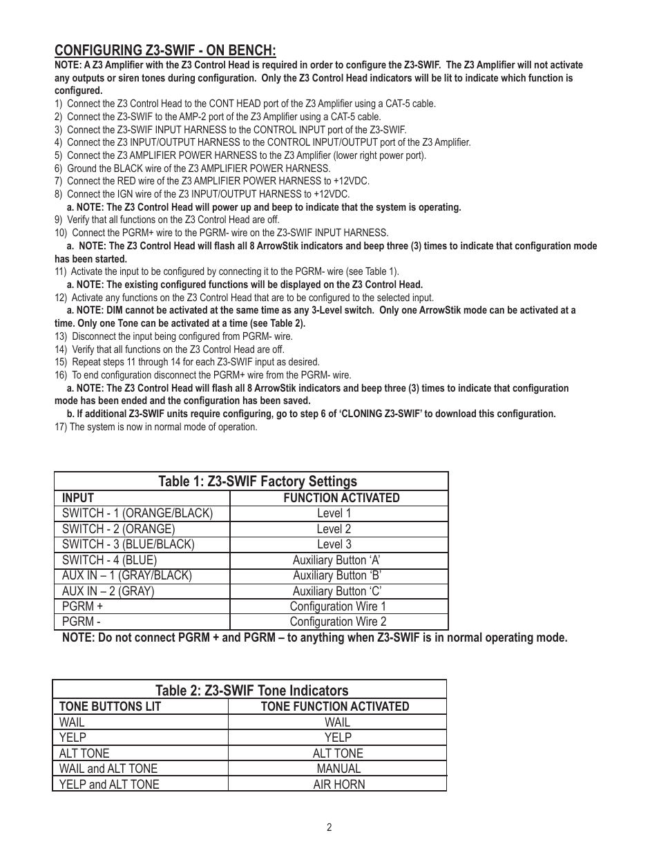 Configuring z3-swif - on bench, Table 1: z3-swif factory settings, Table 2: z3-swif tone indicators | Code 3 Z3 SWIF User Manual | Page 2 / 4