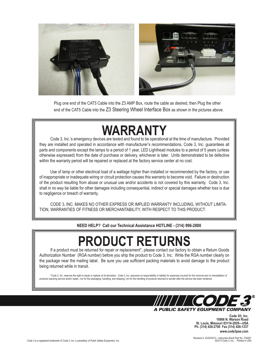 Warranty, Product returns | Code 3 Z3 SWIF User Manual | Page 4 / 4