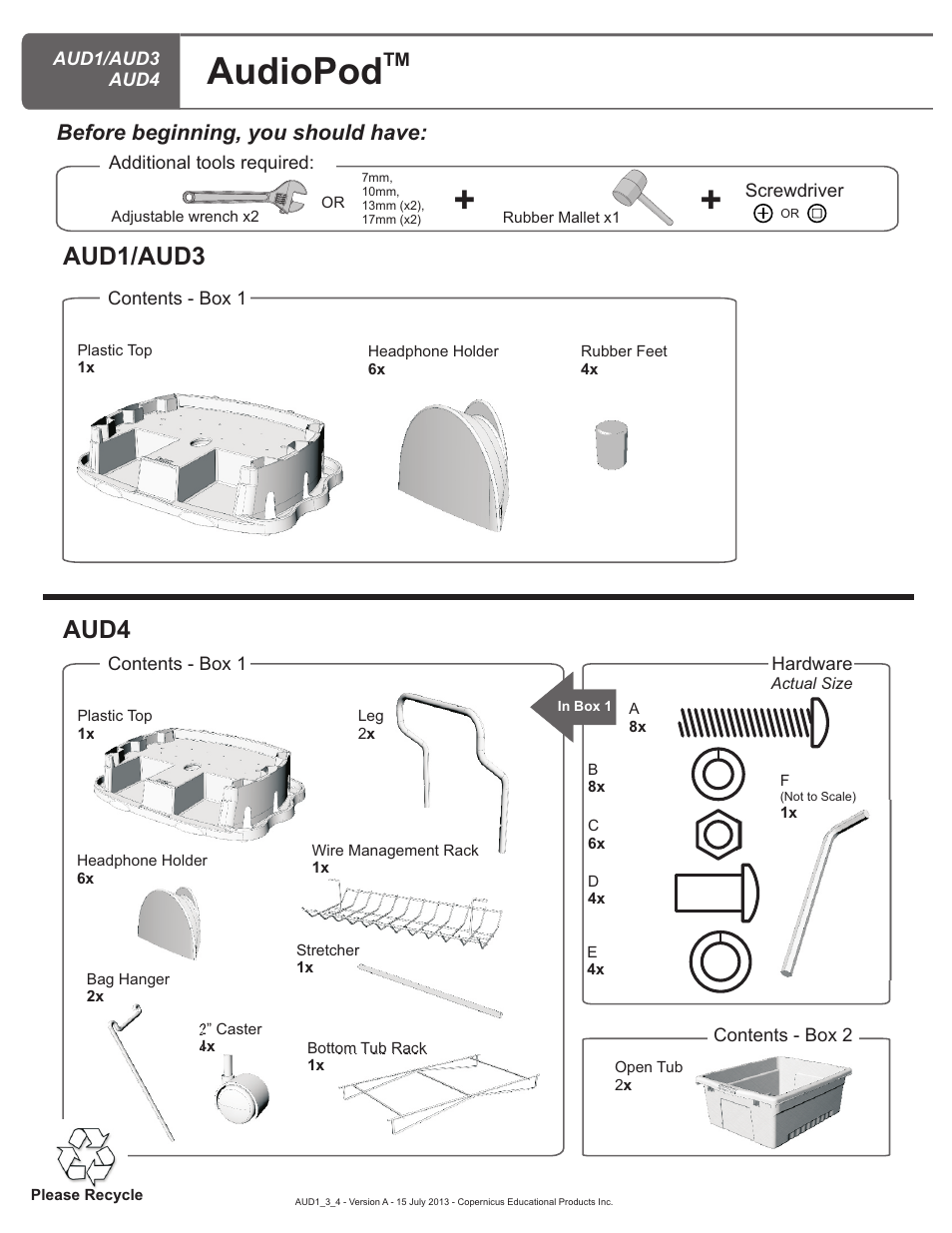 Parts list, Audiopod, Aud1/aud3 aud4 | Before beginning, you should have | Copernicus AUD4 User Manual | Page 2 / 9