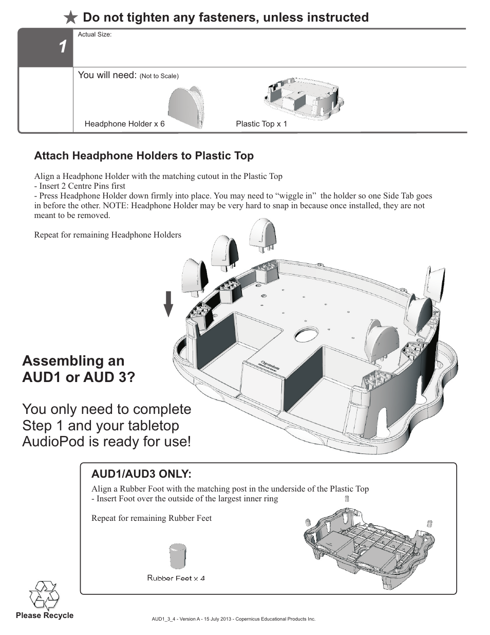 Do not tighten any fasteners, unless instructed | Copernicus AUD4 User Manual | Page 4 / 9