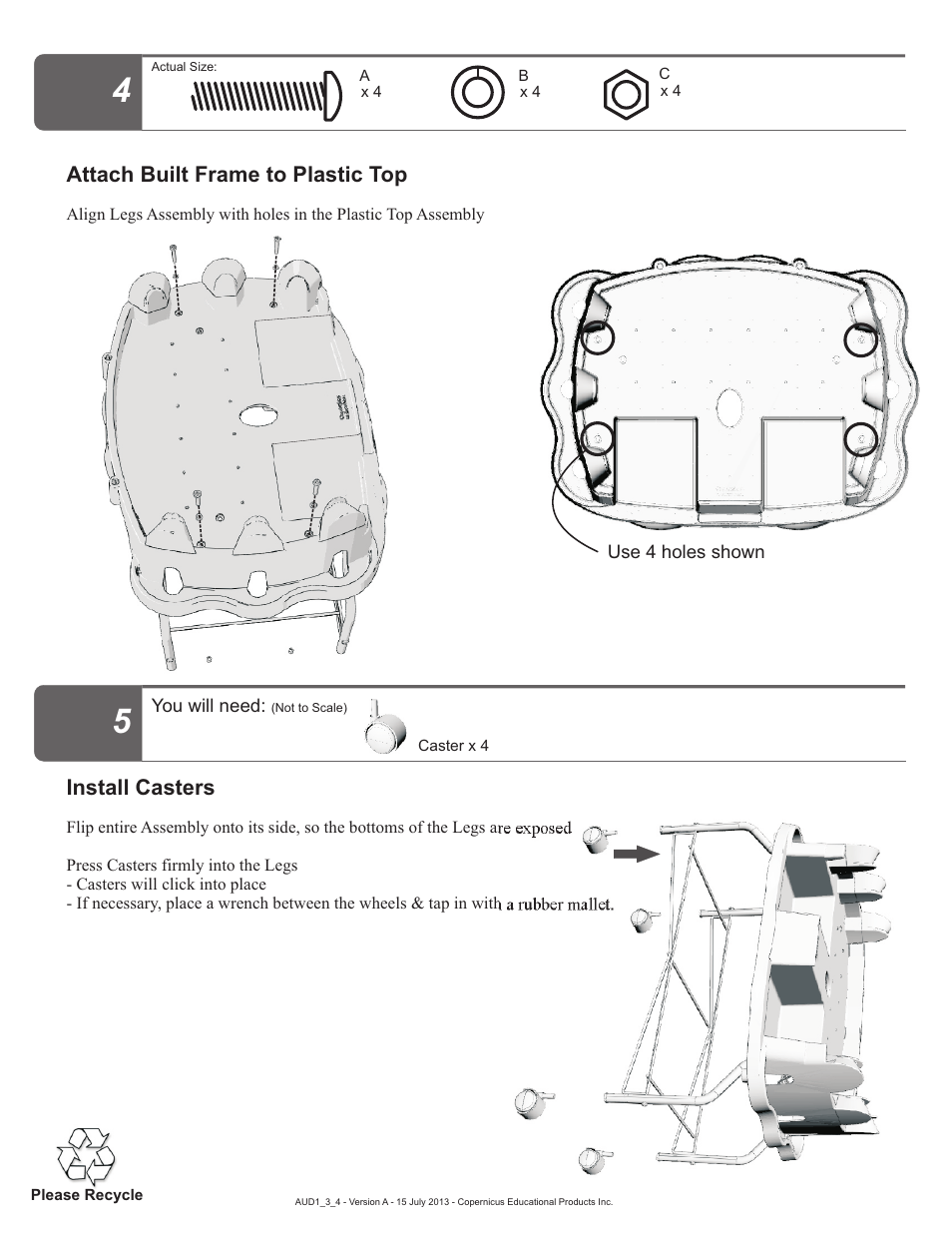 Step 2, Attach built frame to plastic top, Install casters | Copernicus AUD4 User Manual | Page 7 / 9