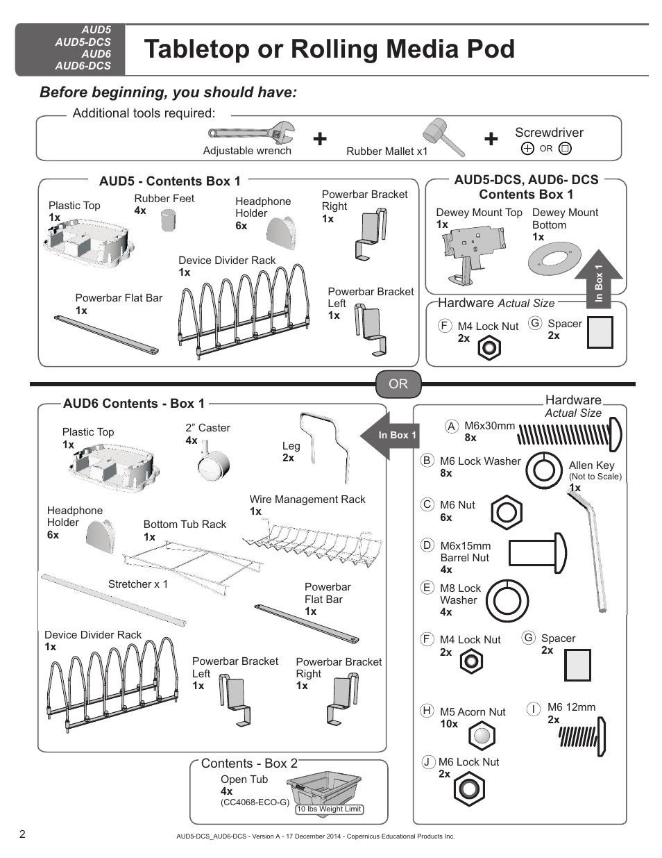 Parts list, Tabletop or rolling media pod, Before beginning, you should have | Using dewey with ipad mini, Using dewey with 10” ipad | Copernicus AUD6-DCS User Manual | Page 2 / 13