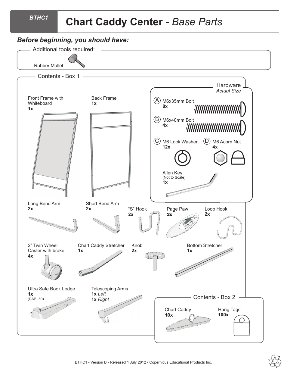 Parts list, Chart caddy center - base parts, Before beginning, you should have | Copernicus BTHC1 User Manual | Page 2 / 9