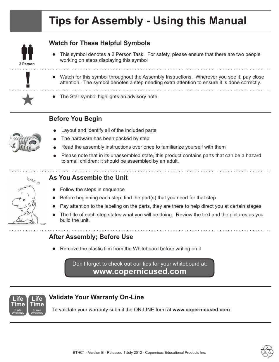 Tips for assembly - using this manual, After assembly; before use, Validate your warranty on-line | Copernicus BTHC1 User Manual | Page 3 / 9