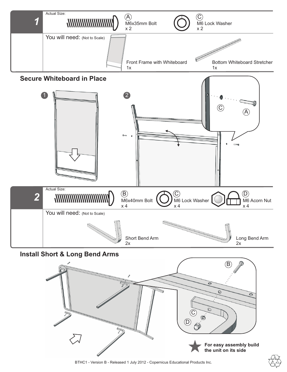 Step 1,2, Secure whiteboard in place, Install short & long bend arms | Copernicus BTHC1 User Manual | Page 4 / 9