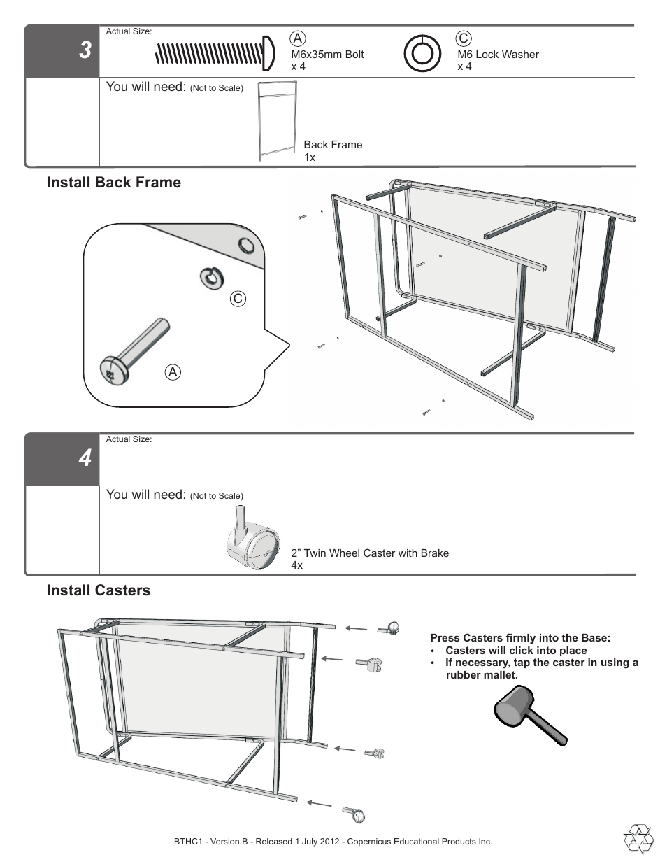 Step 3,4, Install back frame, Install casters | Copernicus BTHC1 User Manual | Page 5 / 9