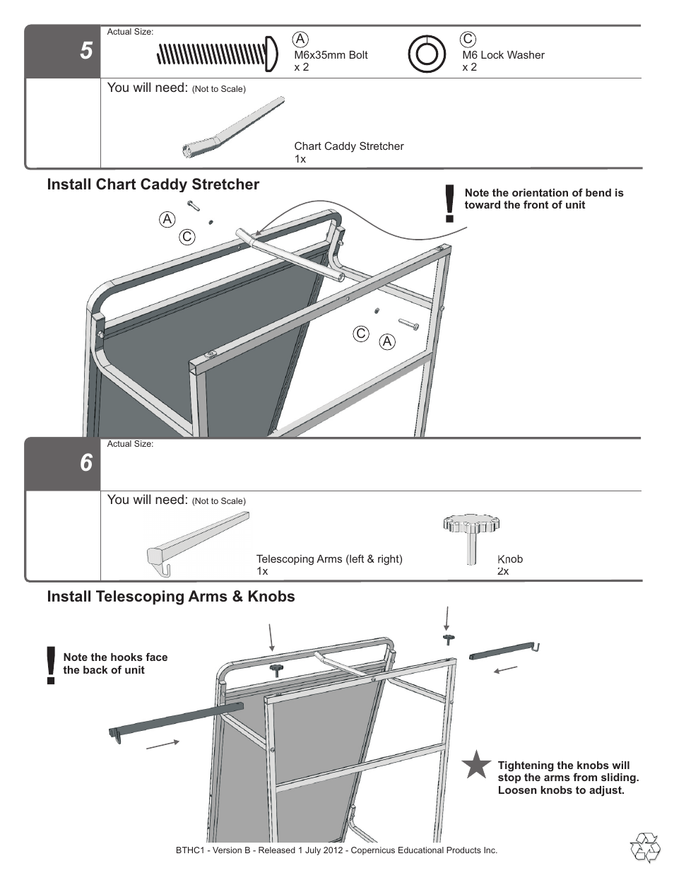 Step 5,6, Install chart caddy stretcher, Install telescoping arms & knobs | Copernicus BTHC1 User Manual | Page 6 / 9