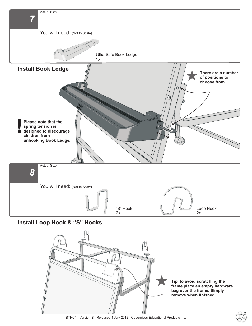 Step 7,8, Install book ledge, Install loop hook & “s” hooks | Copernicus BTHC1 User Manual | Page 7 / 9