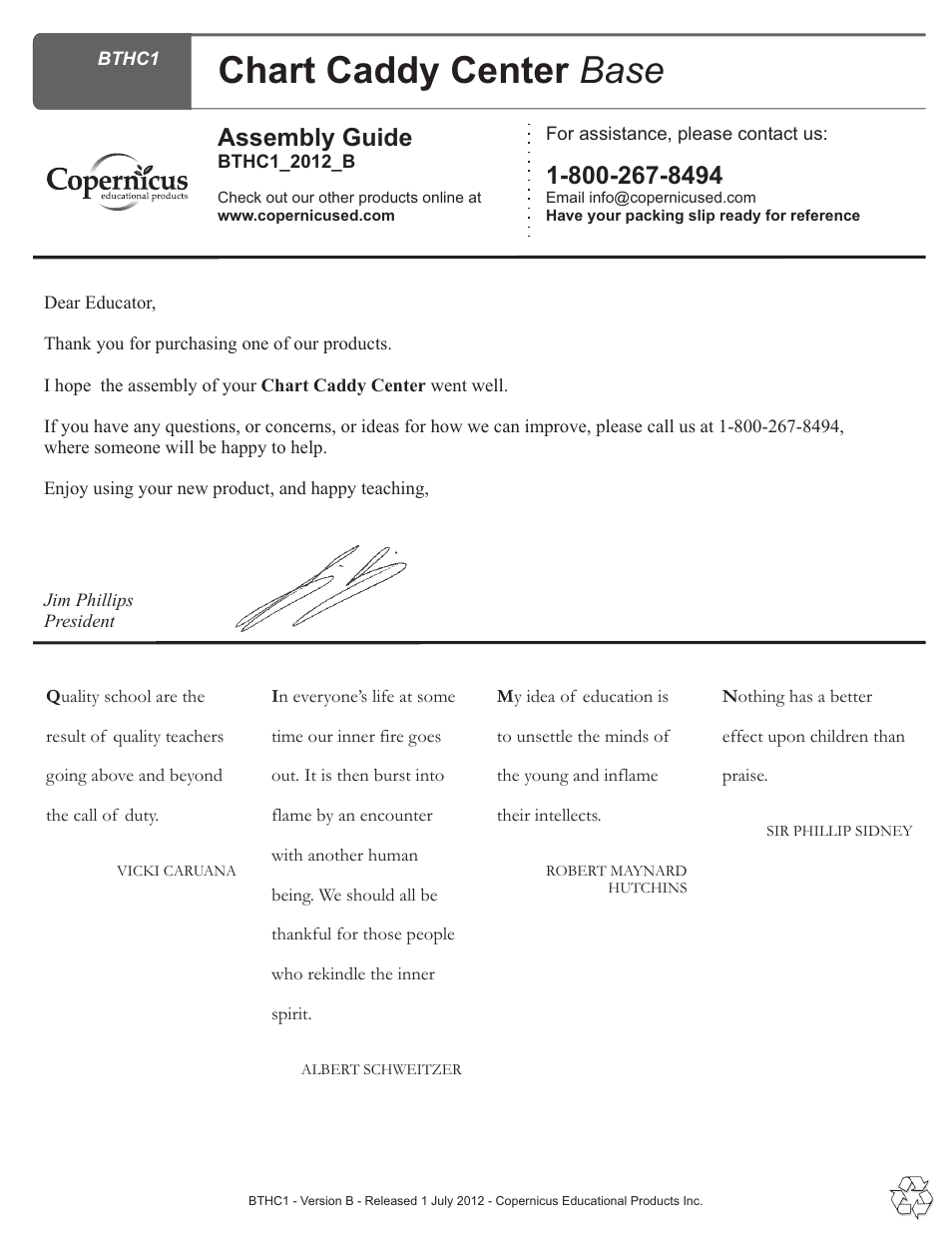 Thank you, Chart caddy center base, Assembly guide | Copernicus BTHC1 User Manual | Page 9 / 9