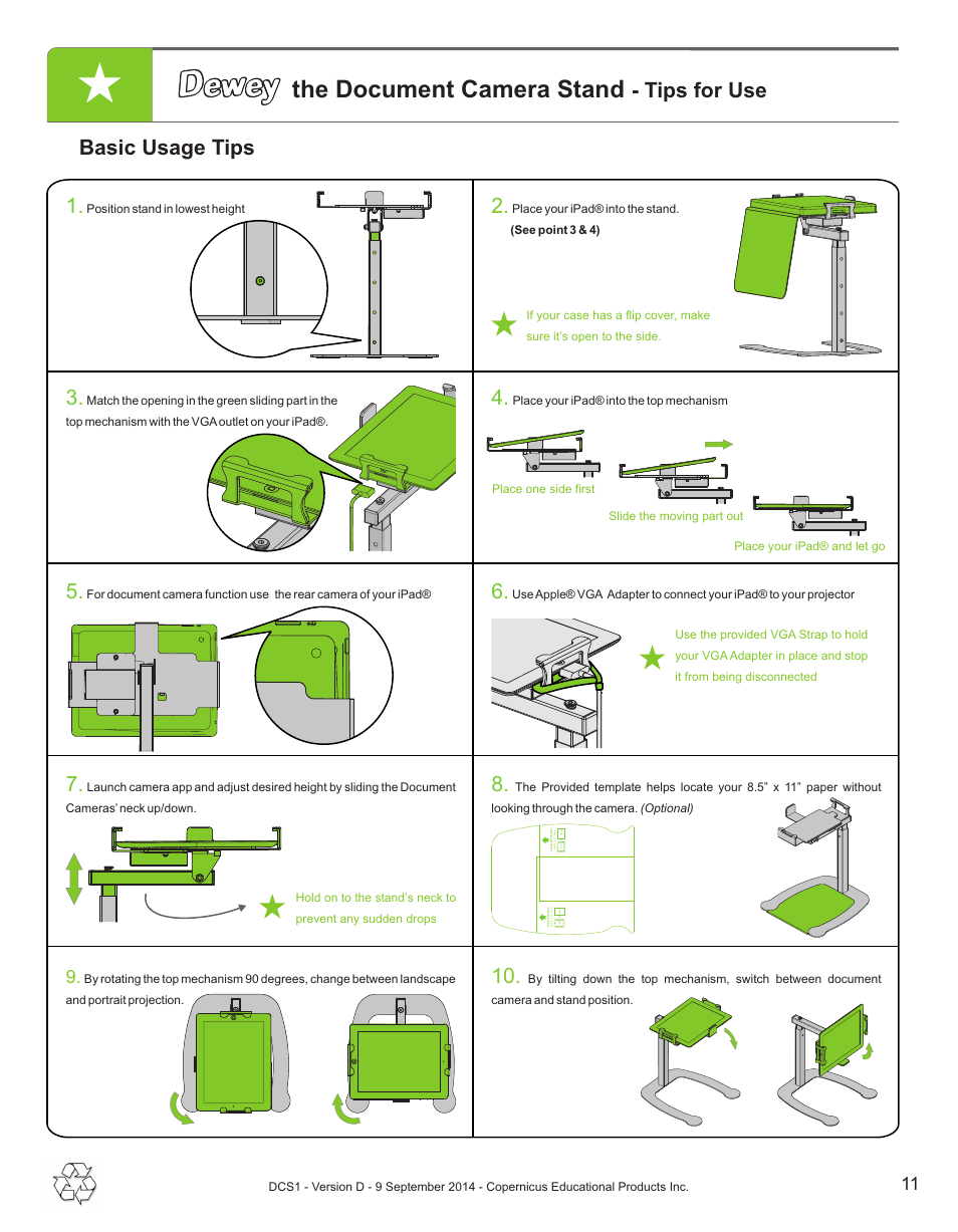 The document camera stand, Tips for use basic usage tips 1, Position stand in lowest height | Place your ipad® into the stand. (see point 3 & 4), Place your ipad® into the top mechanism | Copernicus DCS1 User Manual | Page 11 / 12