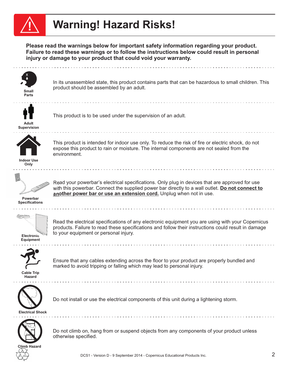 Warning! hazard risks | Copernicus DCS1 User Manual | Page 2 / 12