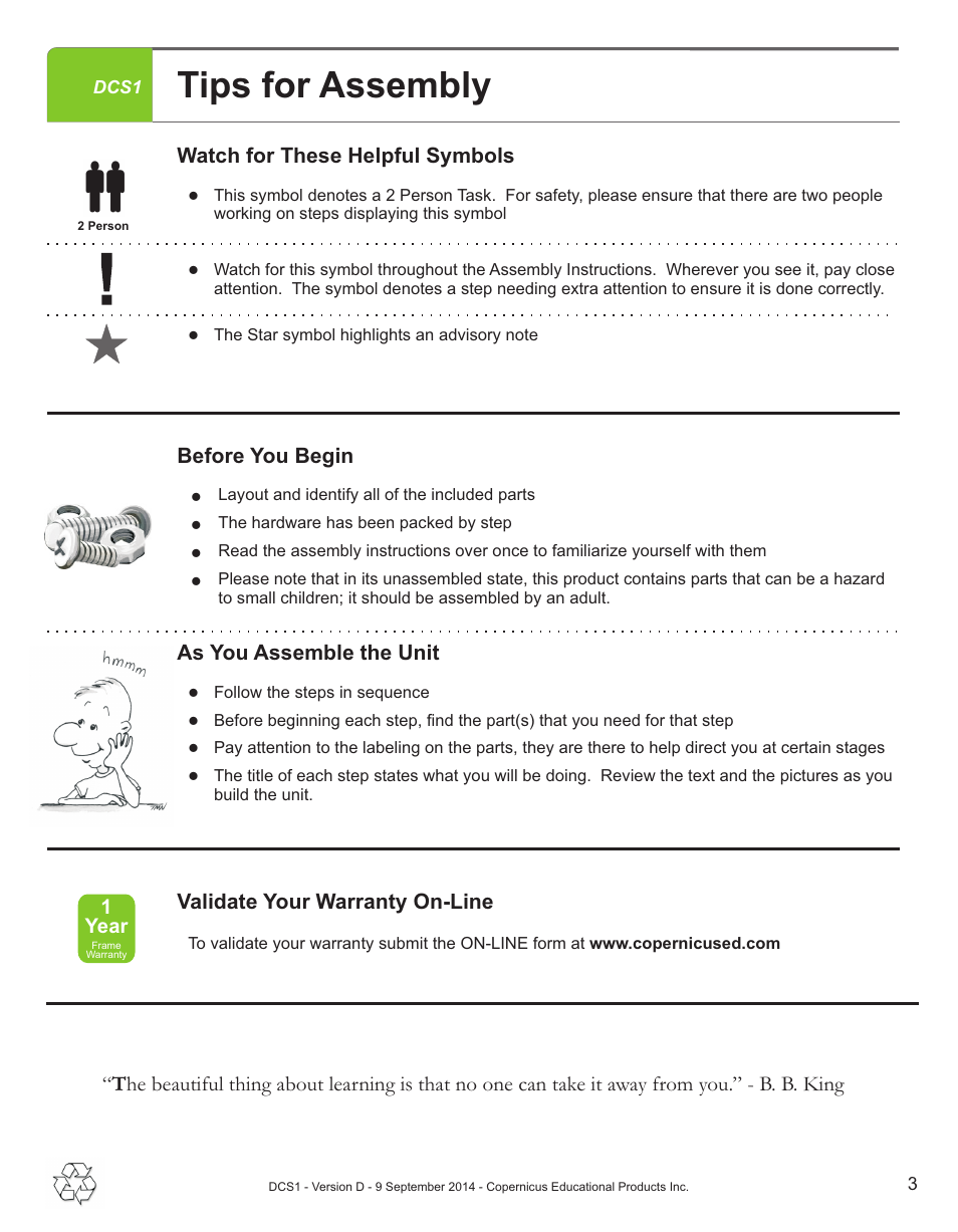 Tips for assembly, Validate your warranty on-line, 1year | Copernicus DCS1 User Manual | Page 3 / 12