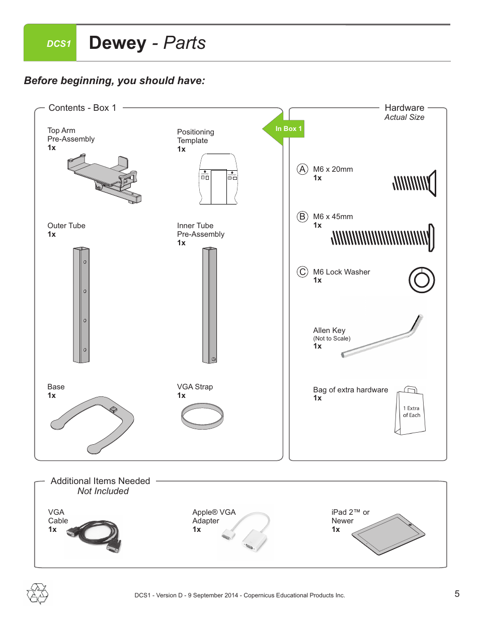 Dewey - parts, Before beginning, you should have | Copernicus DCS1 User Manual | Page 5 / 12