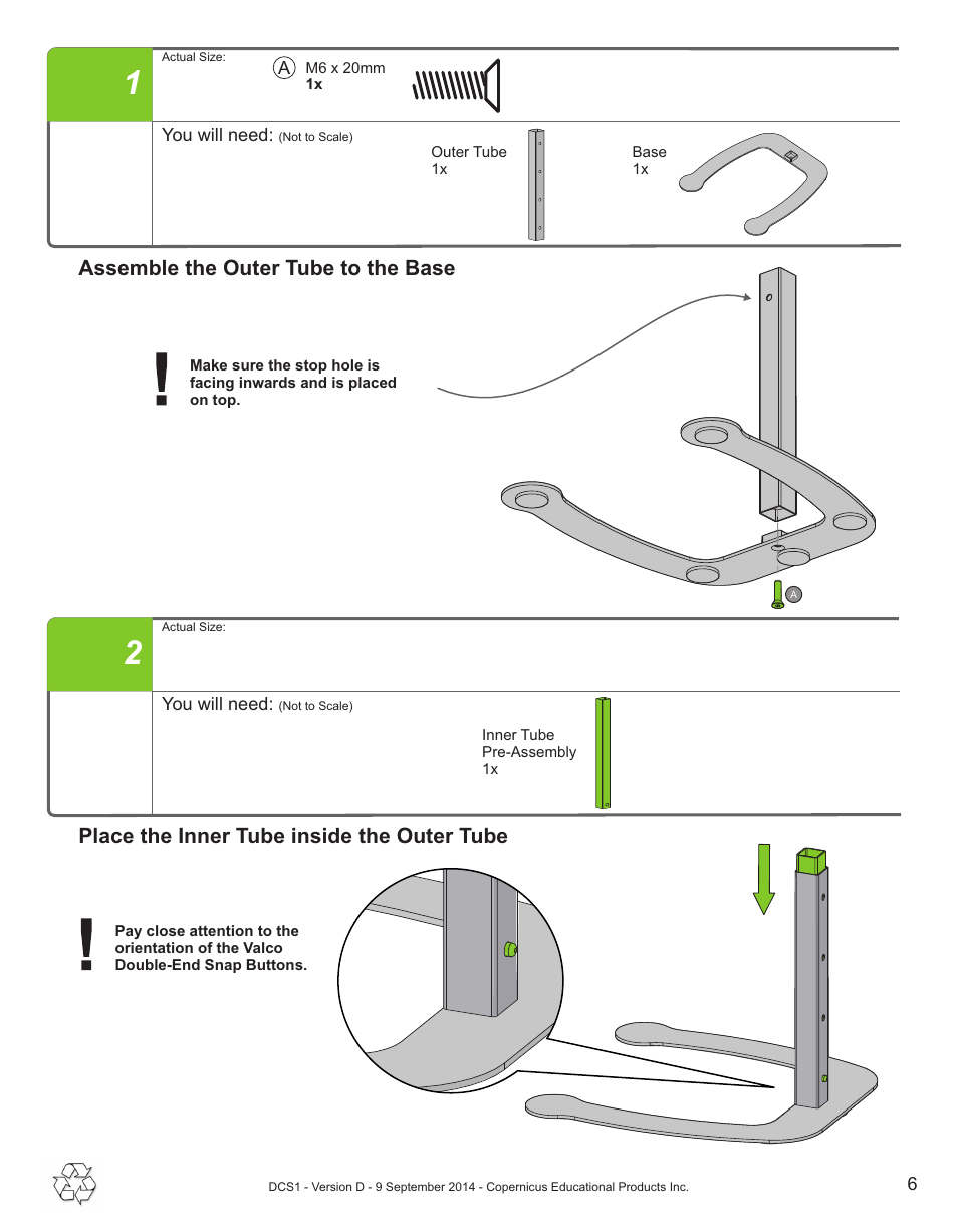 Place the inner tube inside the outer tube, Assemble the outer tube to the base | Copernicus DCS1 User Manual | Page 6 / 12