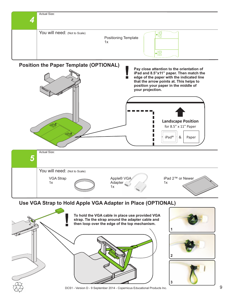Position the paper template (optional), You will need, Landscape position | For 8.5” x 11” paper ipad® & paper, Positioning template 1x, Not to scale) actual size | Copernicus DCS1 User Manual | Page 9 / 12